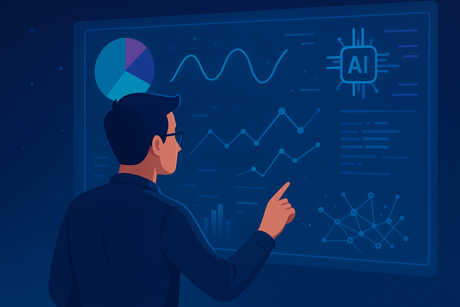 Analyst reviewing data dashboards, representing cost measurement and AI programme governance