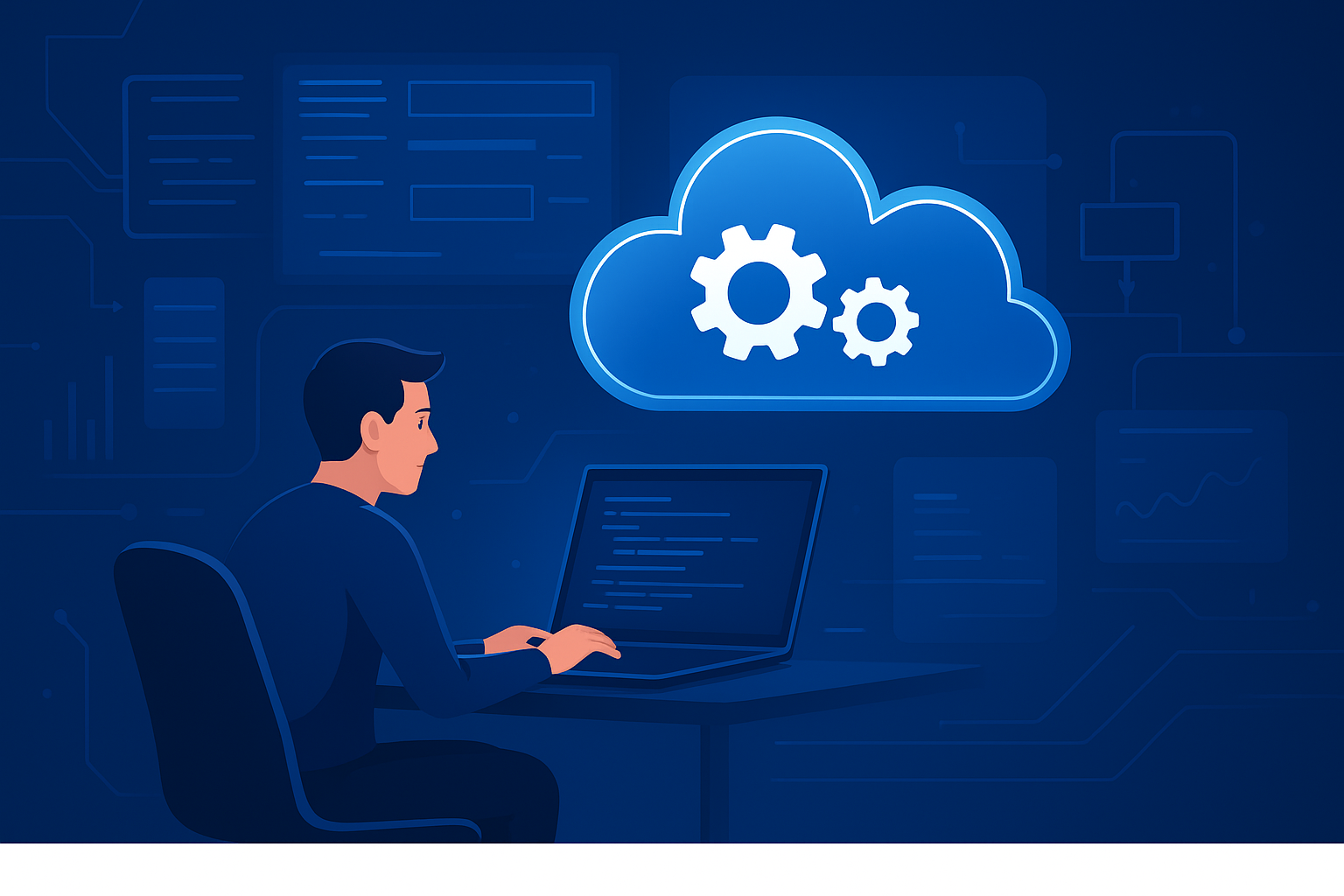 Cloud infrastructure and automation graphic representing AI testing environments and containment