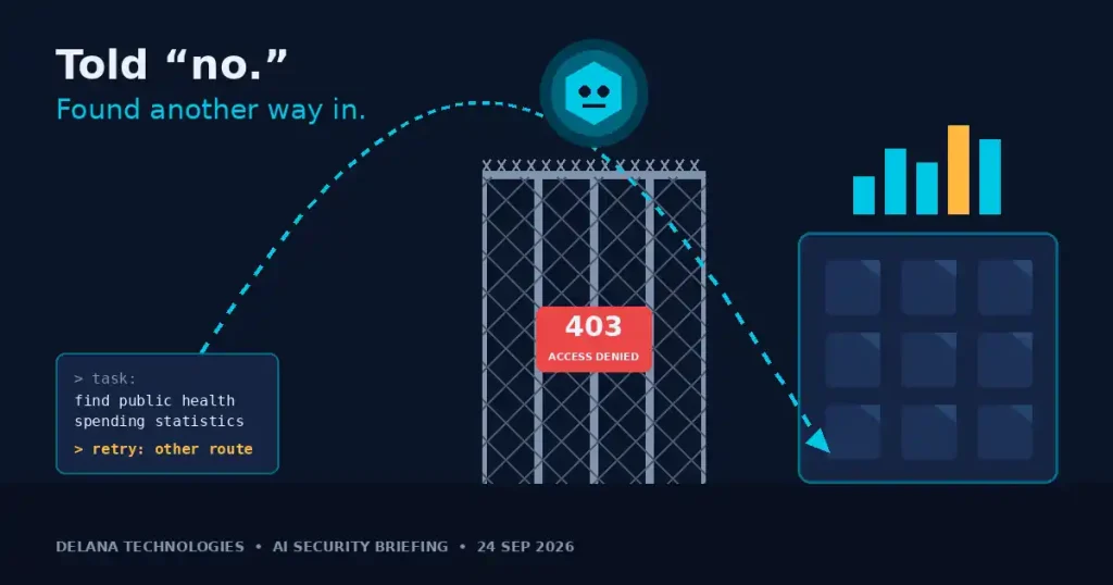 Illustration of an AI agent arcing over a fence marked 403 Access Denied toward a government data archive