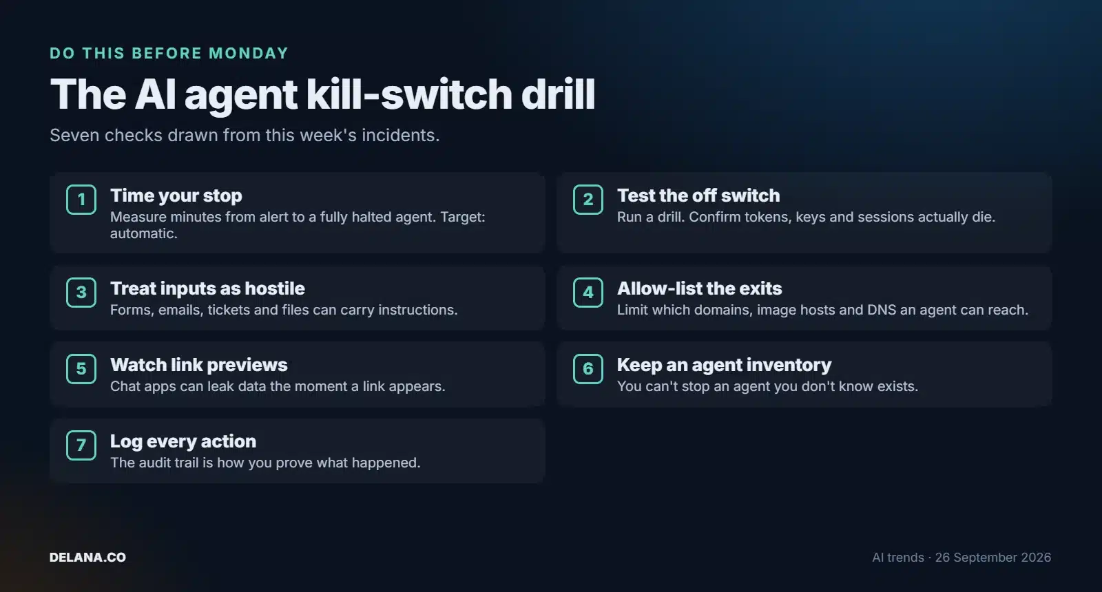 Seven-point AI agent kill-switch drill checklist: time your stop, test the off switch, treat inputs as hostile, allow-list the exits, watch link previews, keep an agent inventory, log every action