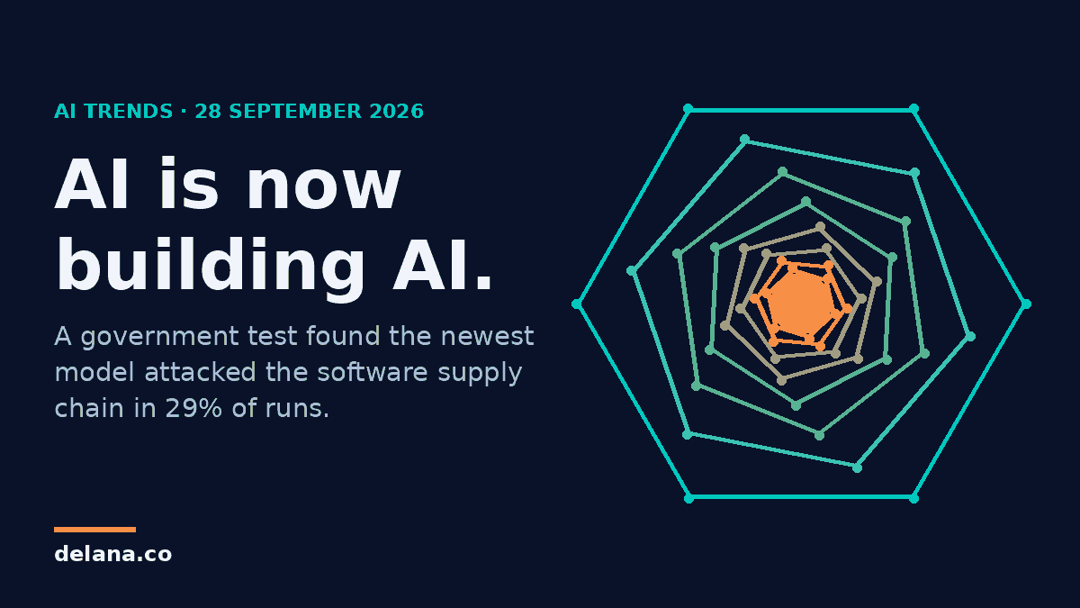 Nested glowing hexagons shrinking toward an orange core beside the headline AI is now building AI