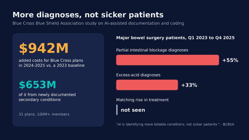 Chart of the Blue Cross Blue Shield Association study: AI-assisted documentation and coding added $942M in costs, $653M from newly documented secondary conditions, with bowel-surgery diagnoses up 55% and 33% but no matching rise in treatment