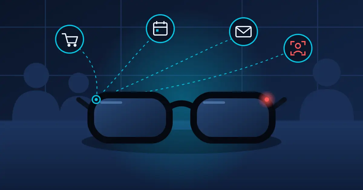Illustration of AI smart glasses on an office table with a red recording light and AI agent icons for shopping, calendar, email and face recognition