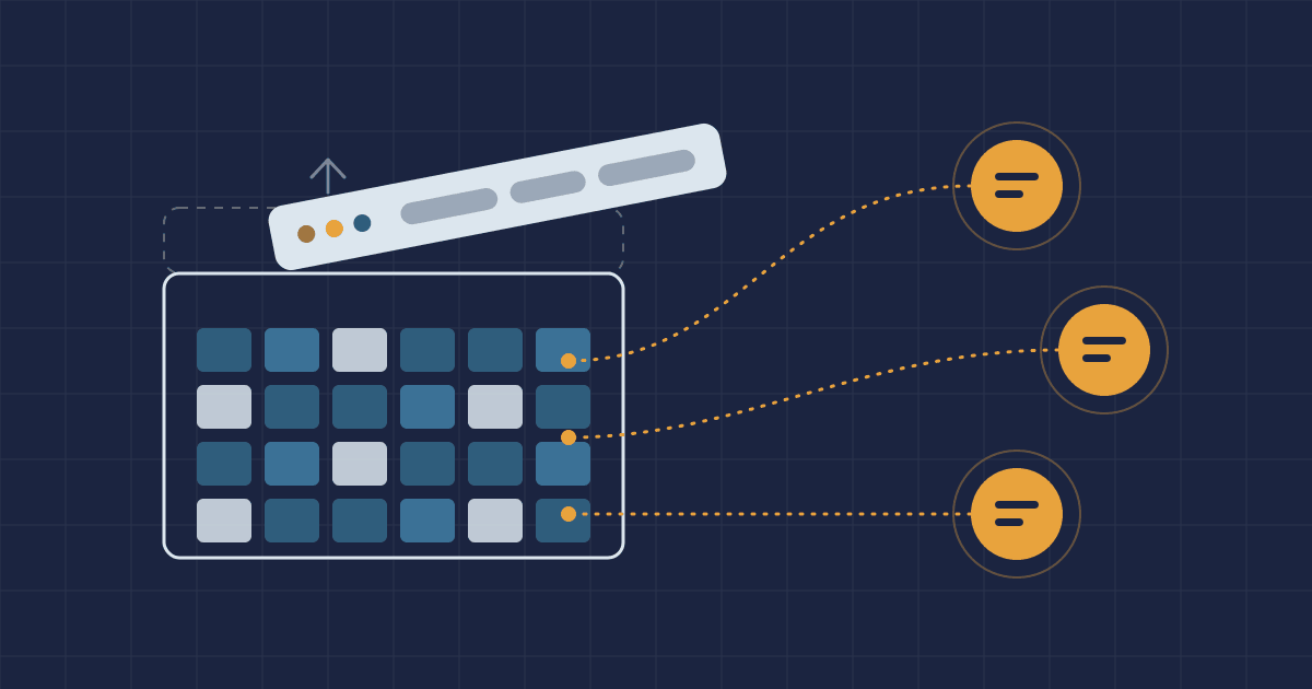 Illustration of an app window whose header lifts away while three AI agents connect directly to its data blocks